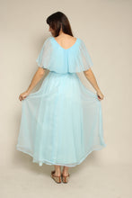 1970s Blue Pleated Chiffon Grecian Maxi Dress