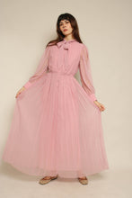 1980s Dusty Rose Pleated Chiffon Maxi Dress With Ascot Tie