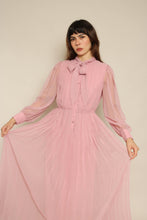 1980s Dusty Rose Pleated Chiffon Maxi Dress With Ascot Tie