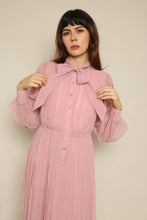 1980s Dusty Rose Pleated Chiffon Maxi Dress With Ascot Tie