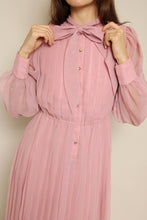 1980s Dusty Rose Pleated Chiffon Maxi Dress With Ascot Tie