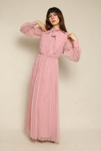 1980s Dusty Rose Pleated Chiffon Maxi Dress With Ascot Tie
