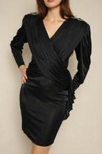 1980s Black Ruched Disco Party Dress