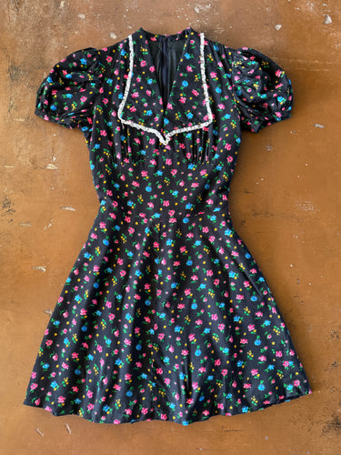 70s Black Floral Mini Dress - XS