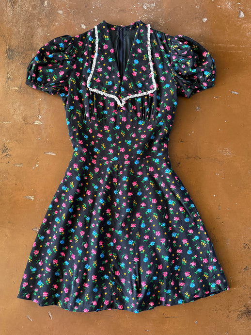 70s Black Floral Mini Dress - XS