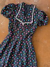 70s Black Floral Mini Dress - XS