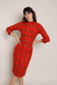 50s Red Plaid Skirt Suit