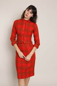 50s Red Plaid Skirt Suit