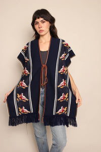 70s Navy Blue Bird Poncho