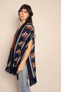70s Navy Blue Bird Poncho