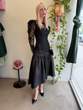 1980s Black Floral Lace & Taffeta Drop Waist Party Dress