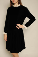 1960s Black Velvet Drop Waist Dress With Lace Trim