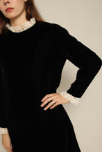 1960s Black Velvet Drop Waist Dress With Lace Trim