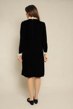 1960s Black Velvet Drop Waist Dress With Lace Trim