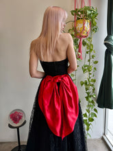 1950s Black Lace Halter Evening Dress With Surprise Red Satin Bow