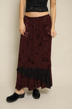 1990s Maroon Jacquard & Lace Whimsigoth Maxi Skirt