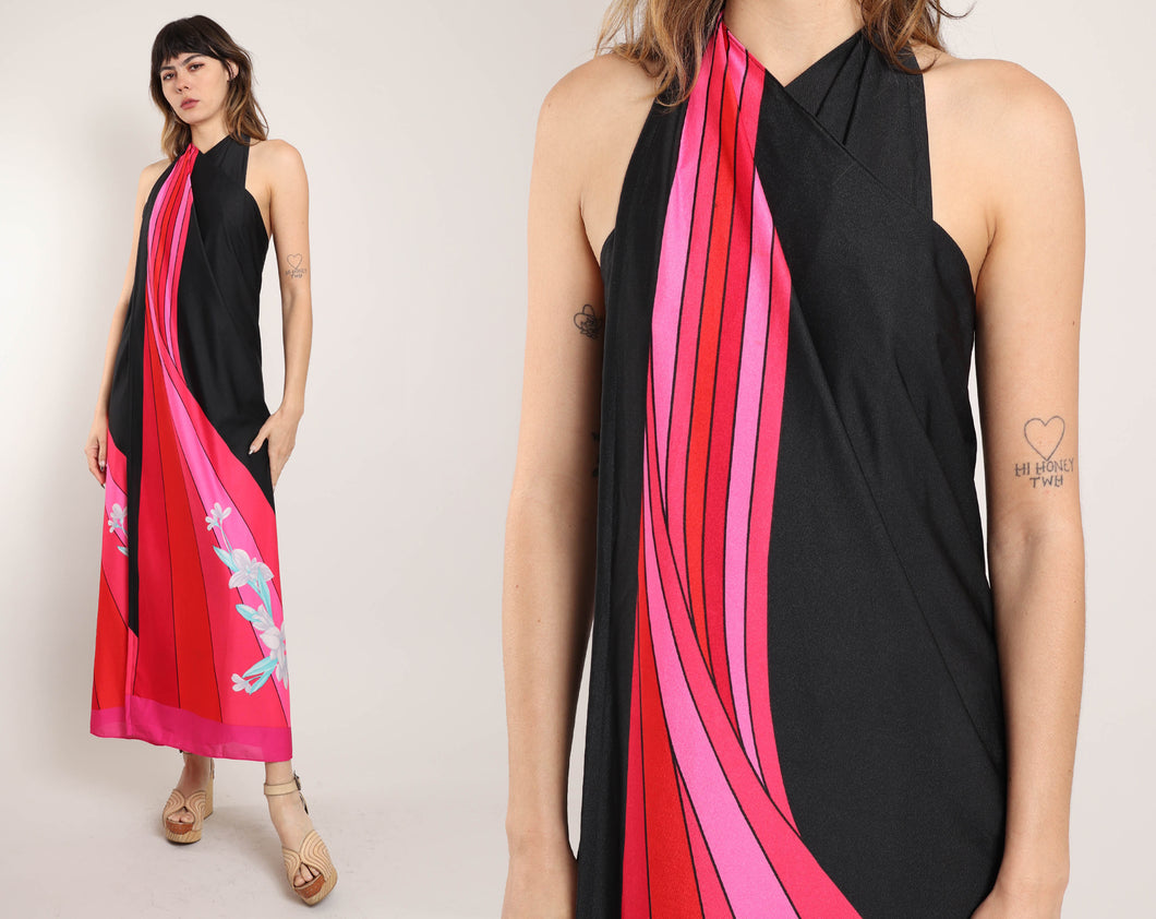 70s Pink Wave Sarong Dress