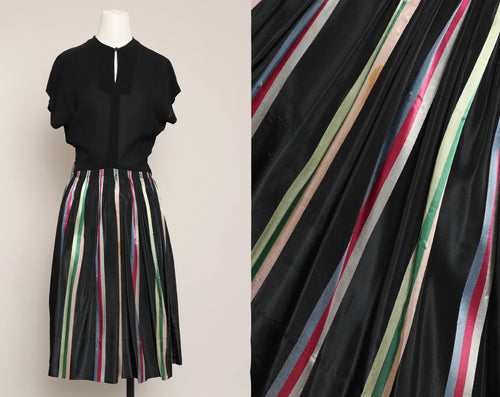 40s Rainbow Striped Taffeta Dress