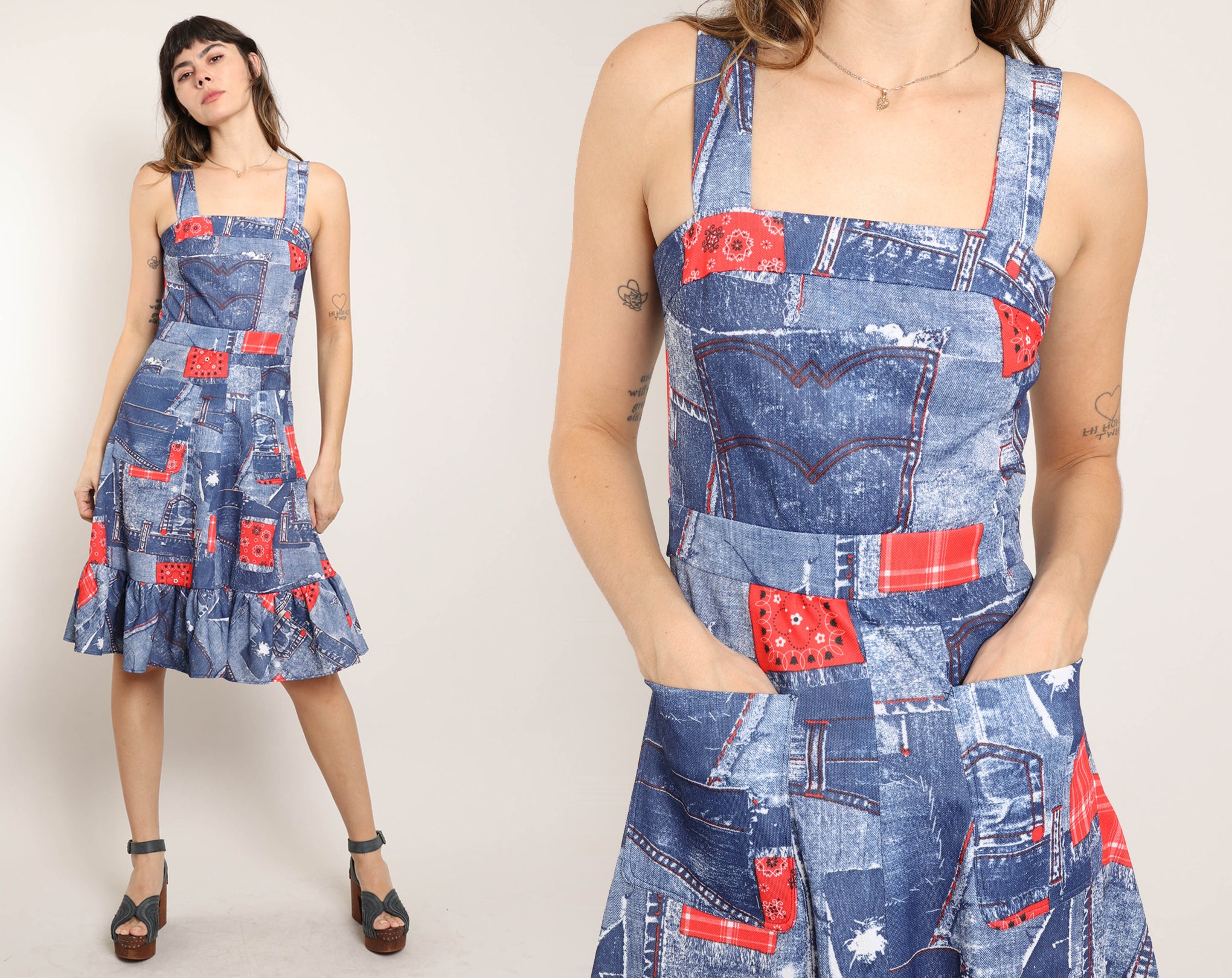 Only 47.40 usd for Janis Patchwork Denim Halter Collar Button Up Mini Dress  Online at the Shop