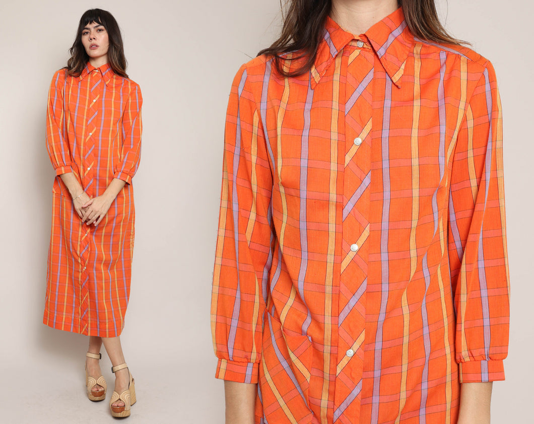 70s Orange Plaid Dress