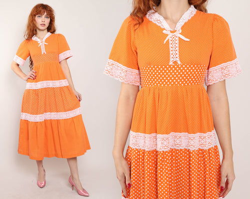 70s Orange Prairie Dress