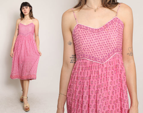 70s Quilted Pink Gauze Dress