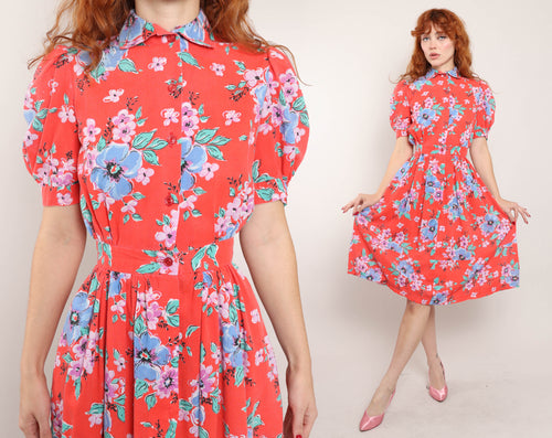 80s Red Floral Dress