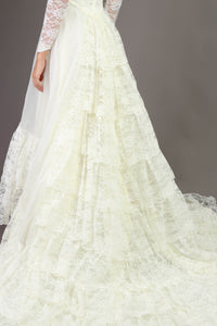 80s Tiered Lace Wedding Gown With Long Train