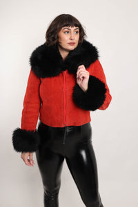 70s Red Suede Fur Jacket Set