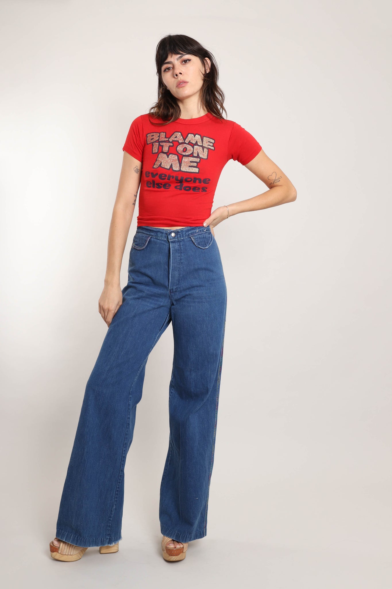 70s Vintage Patched Hippie Bell Bottoms - Clothing
