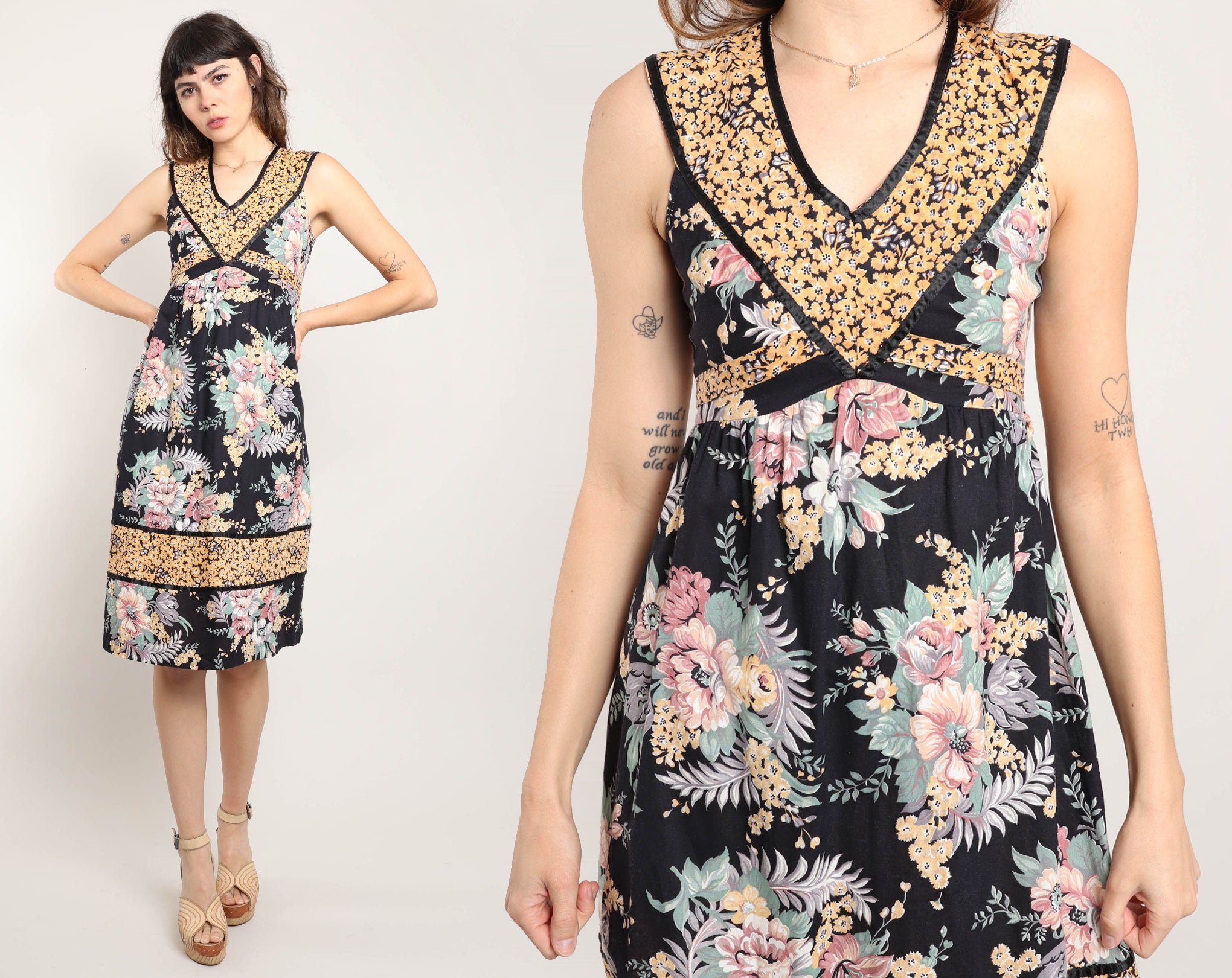 70s Black Floral Prairie Dress Luxie Vintage